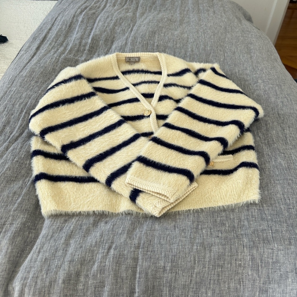J. Crew Sweater Lady Jacket Cream and Navy Striped Brushed Yarn